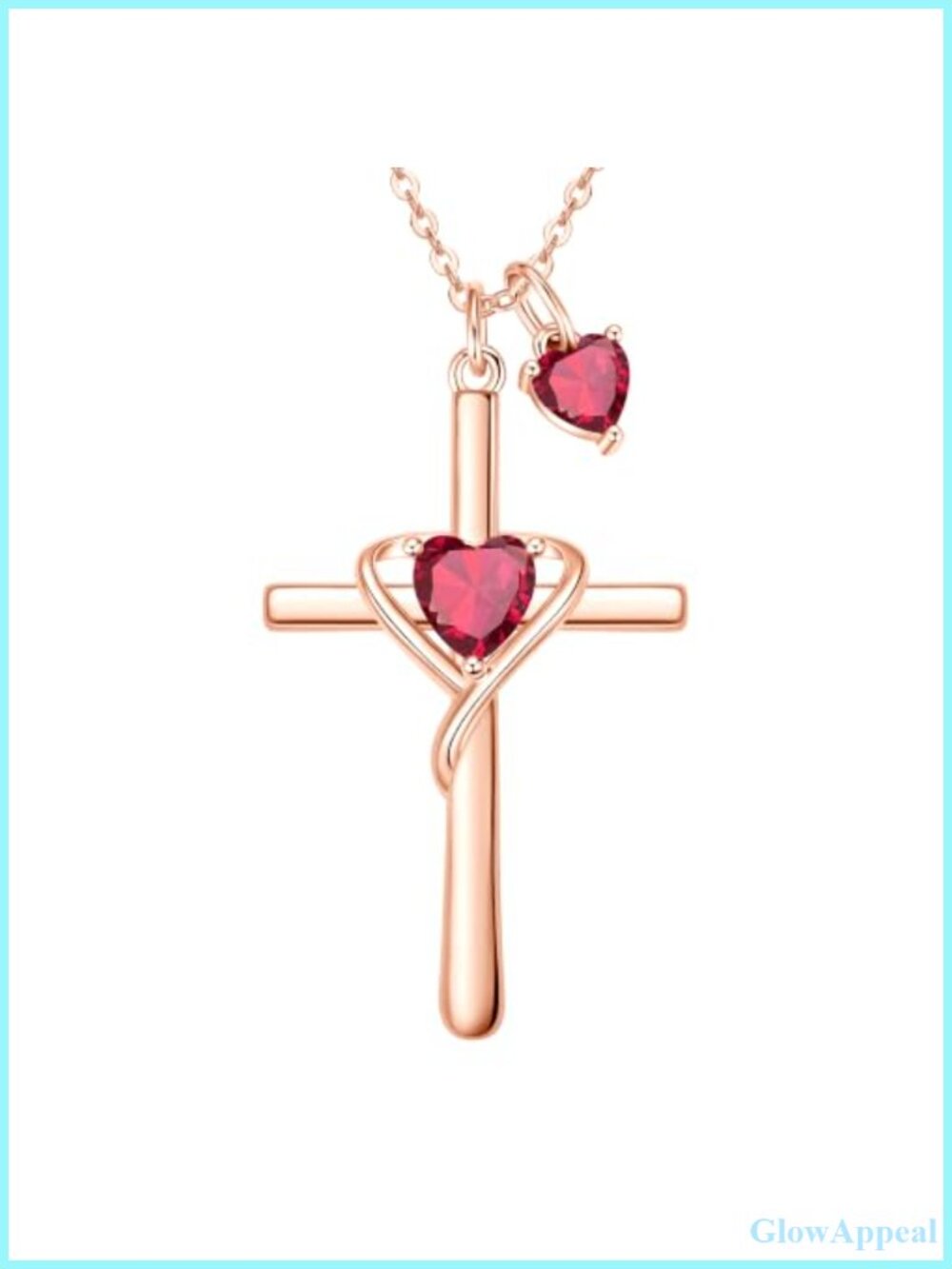 Double Birthstone Cross Heart Pendant Necklace Rose Gold Plated